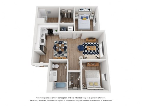 a stylized floor plan of a 1 bedroom with a bathroom and a living room